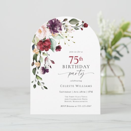 Elegante Boog Rood en Paarse Bloemen 75ste Verjaar Kaart (Staand voorkant)