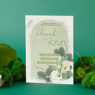 Elegante Boog Schiefer Groen & Wit Waterverf Bloem Save The Date