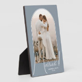 Elegante boog trouwfoto Stofblauw Fotoplaat (Zijkant)