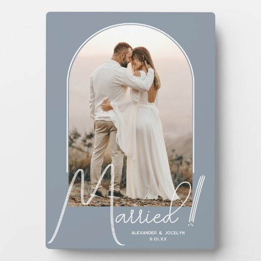 Elegante boog trouwfoto stoffig blauw fotoplaat (voorkant)