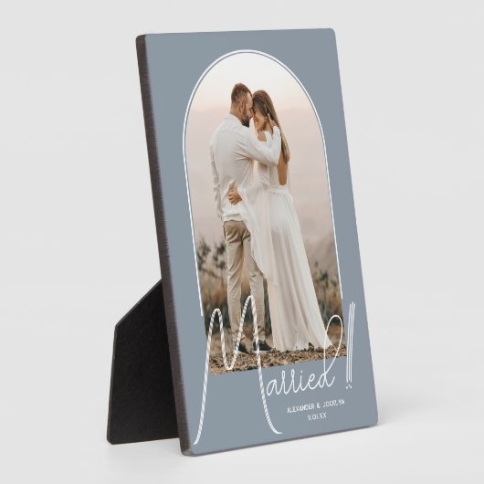 Elegante boog trouwfoto stoffig blauw fotoplaat (Zijkant)