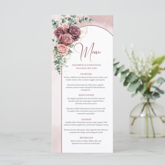 Elegante boog waterverf blozen bordeaux bruiloft menu (Staand voorkant)