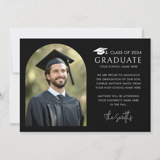 Elegante boog zwart foto graduatie cap aankondiging (Voorkant)