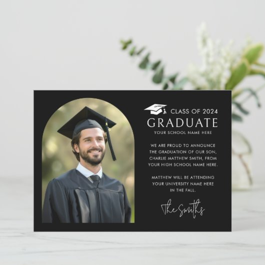 Elegante boog zwart foto graduatie cap aankondiging (Staand voorkant)