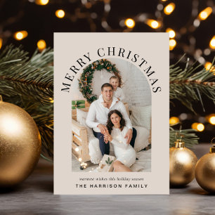 Elegante boogfoto Merry Christmas Taupe Feestdagenkaart