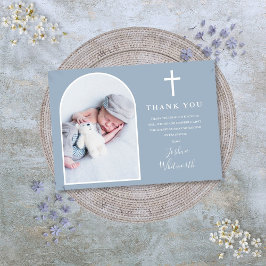 Elegante boogfoto Stofblauw Doop Bedankkaart