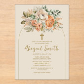 Elegante boogperzik bloemige baby meisje doop acryl uitnodigingen (Voorkant)