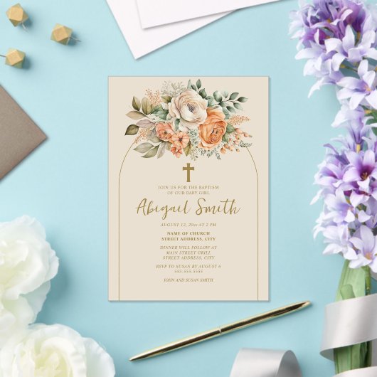 Elegante boogperzik bloemige baby meisje doop acryl uitnodigingen (Insitu (Huwelijk))