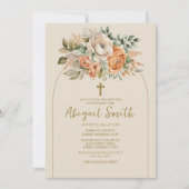 Elegante boogperzik bloemige baby meisje doop kaart (Voorkant)