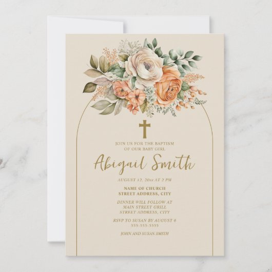 Elegante boogperzik bloemige baby meisje doop kaart (Voorkant)