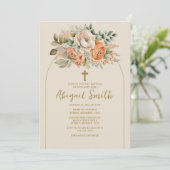 Elegante boogperzik bloemige baby meisje doop kaart (Staand voorkant)