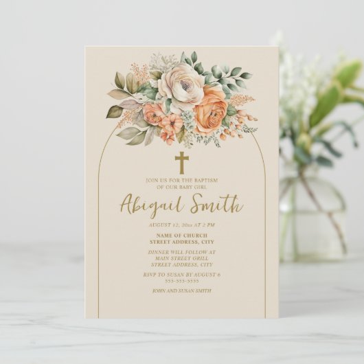 Elegante boogperzik bloemige baby meisje doop kaart (Staand voorkant)