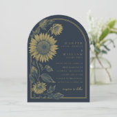 Elegante boogvormige marine en zonnebloem bruiloft kaart (Staand voorkant)