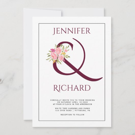Elegante bordeaux ampersand en roze rozen bruiloft kaart (Voorkant)