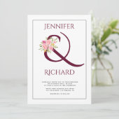 Elegante bordeaux ampersand en roze rozen bruiloft kaart (Staand voorkant)