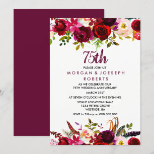 Elegante bordeaux bloem 75e trouwdag kaart