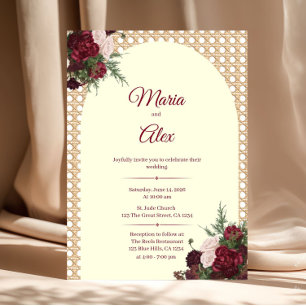 Elegante bordeaux bloemen en rotan rand bruiloft kaart