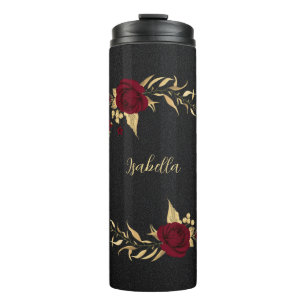 Elegante bordeaux bloemen goud zwart thermosbeker