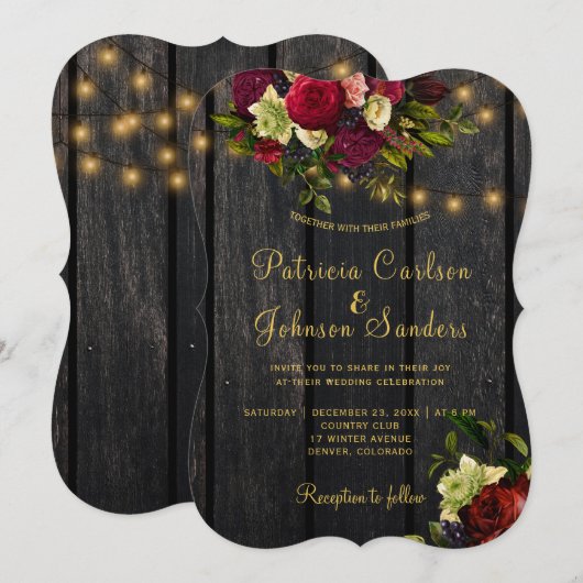 Elegante bordeaux bloemen rustieke schuur hout bru kaart (Voorkant / Achterkant)