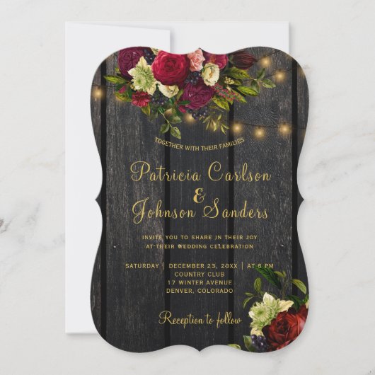 Elegante bordeaux bloemen rustieke schuur hout bru kaart (Voorkant)