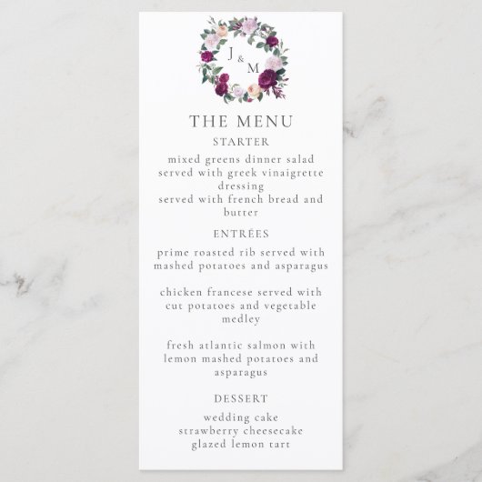 Elegante bordeaux bloemenmoderne scriptmenukaart menu (Voorkant)