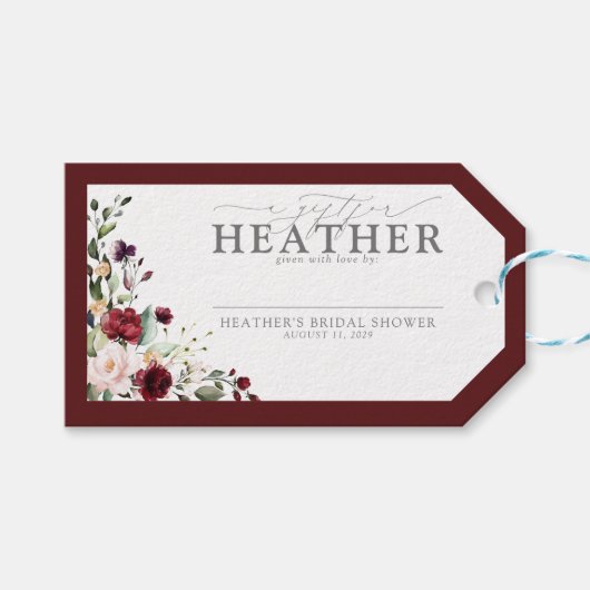 Elegante bordeaux bloemige bruidsdouche zonder wik cadeaulabel (Voorkant (Horizontaal))