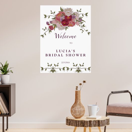 Elegante bordeaux bloemige bruiloftsshower welkom  poster (Woonkamer 3)