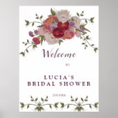 Elegante bordeaux bloemige bruiloftsshower welkom  poster (Voorkant)