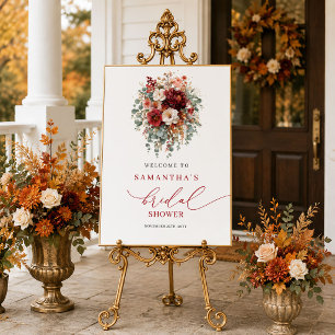 Elegante bordeaux bloemige herfst bruidsdouche poster