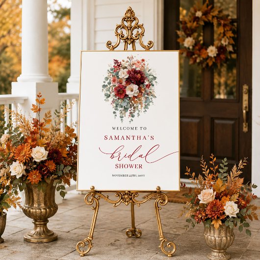 Elegante bordeaux bloemige herfst bruidsdouche poster