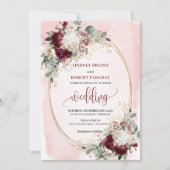 Elegante bordeaux blos gouden rozen bruiloft uitno kaart (Voorkant)