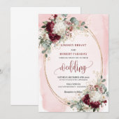 Elegante bordeaux blos gouden rozen bruiloft uitno kaart (Voorkant / Achterkant)