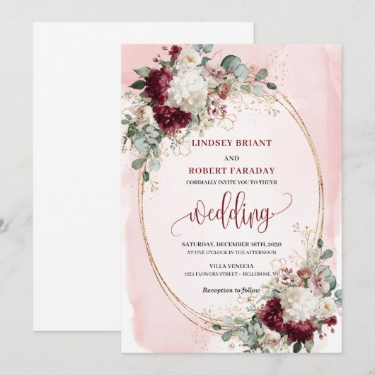 Elegante bordeaux blos gouden rozen bruiloft uitno kaart (Voorkant / Achterkant)