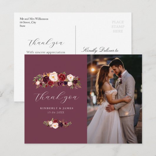 Elegante bordeaux & blozen bloemen bruiloft dank u briefkaart (Voorkant / Achterkant)