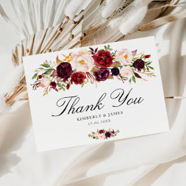 Elegante bordeaux & blozen bloemenbruiloft dank u briefkaart