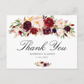 Elegante bordeaux & blozen bloemenbruiloft dank u briefkaart (Voorkant)