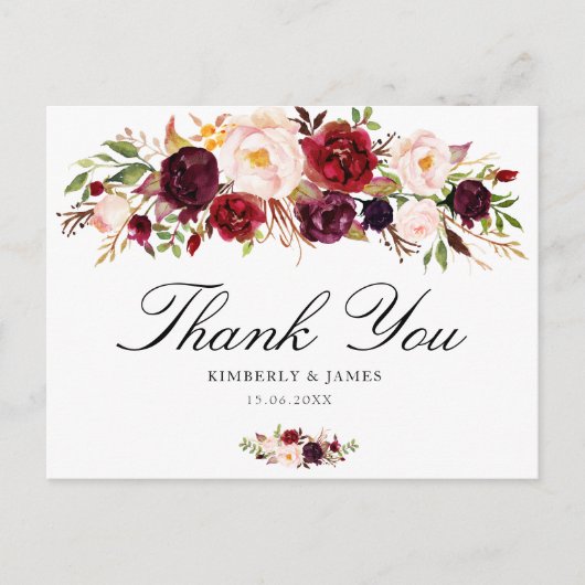 Elegante bordeaux & blozen bloemenbruiloft dank u briefkaart (Voorkant)