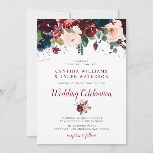 Elegante bordeaux & blozen bloemenbruiloft kaart (Voorkant)