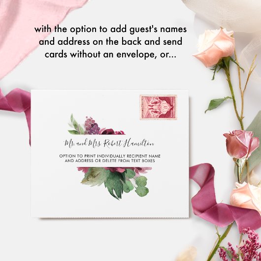 Elegante bordeaux blozen bruiloft w / geperforeerd all in one uitnodiging