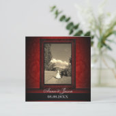 Elegante bordeaux damast foto trouw uitnodiging (Staand voorkant)