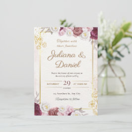 Elegante bordeaux- en roze bloemige trouwuitnodigi kaart