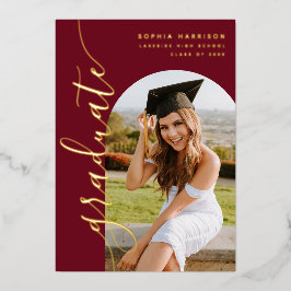 Elegante bordeaux foto boog afstuderen folie uitno uitnodiging