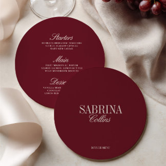Elegante bordeaux gastnaam trouwmenu kaart