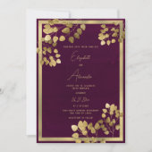Elegante bordeaux gouden eucalyptus blad bruiloft kaart (Voorkant)