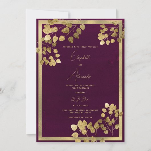 Elegante bordeaux gouden eucalyptus blad bruiloft kaart (Voorkant)