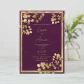 Elegante bordeaux gouden eucalyptus blad bruiloft kaart (Staand voorkant)