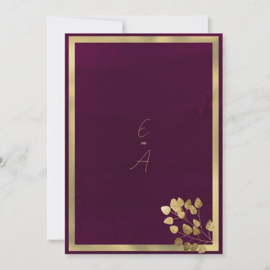 Elegante bordeaux gouden eucalyptus blad bruiloft kaart (Achterkant)