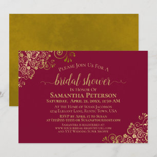 Elegante bordeaux & gouden lintfranje bruidsdouche kaart