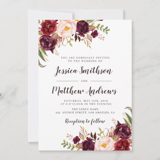 Elegante bordeaux huwelijksuitnodiging kaart (Voorkant)