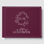 Elegante bordeaux leafy crest monogram bruiloft gastenboek (Voorkant)